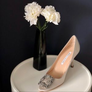 Manolo Blahnik Hangisi Light Grey Jewel Buckle Pumps